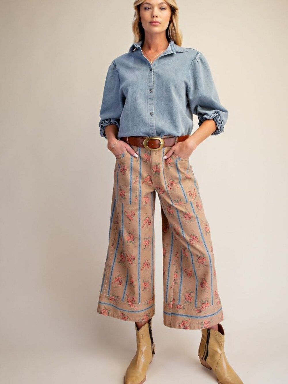 EASEL FLORAL PRINT WASHED STRETCH TWILL PANTS